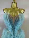 Women Sky Blue Sexy Strapless Mesh Ruffled See Through Mini Dress Luxury Rhinestone Birthday Evening Party Nightclub Stage Wear