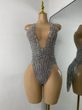 Sexy Mesh See Through Bodysuit Women Glitter Rhinestones Tassel Sleeveless Performance Dance Costume Nightclub Bar Stage Wear