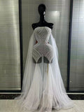 Luxury White Pearl Long Dress Wedding Birthday Drag Queen Photoshoot Dress Women Backless Mesh Sexy Dress Singer Stage Wear