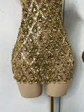Luxury Sparkly Rhinestone Shining Sequins Women Sexy Transperant High Neck Bodycon Mini Birthday Dress Party Performance Costume