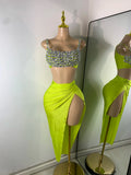 Sparkly Rhinestone Diamonds High Split Two Pieces Women Sexy Outfit Night Club Skirt Suits Dancer Singer Performance Costume