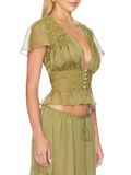 Romantic Boho Two Piece for Women V Neck Lace Spliced Crop Top Sheer Ruffle Hem Drawstring Waist Outfit for Vacation Beach