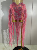 Sexy Mesh Ruffle See-Through Pink Mini Dress Women Sparkly Rhinestone Evening Gown Show Girl Night Club Star Performance Costume