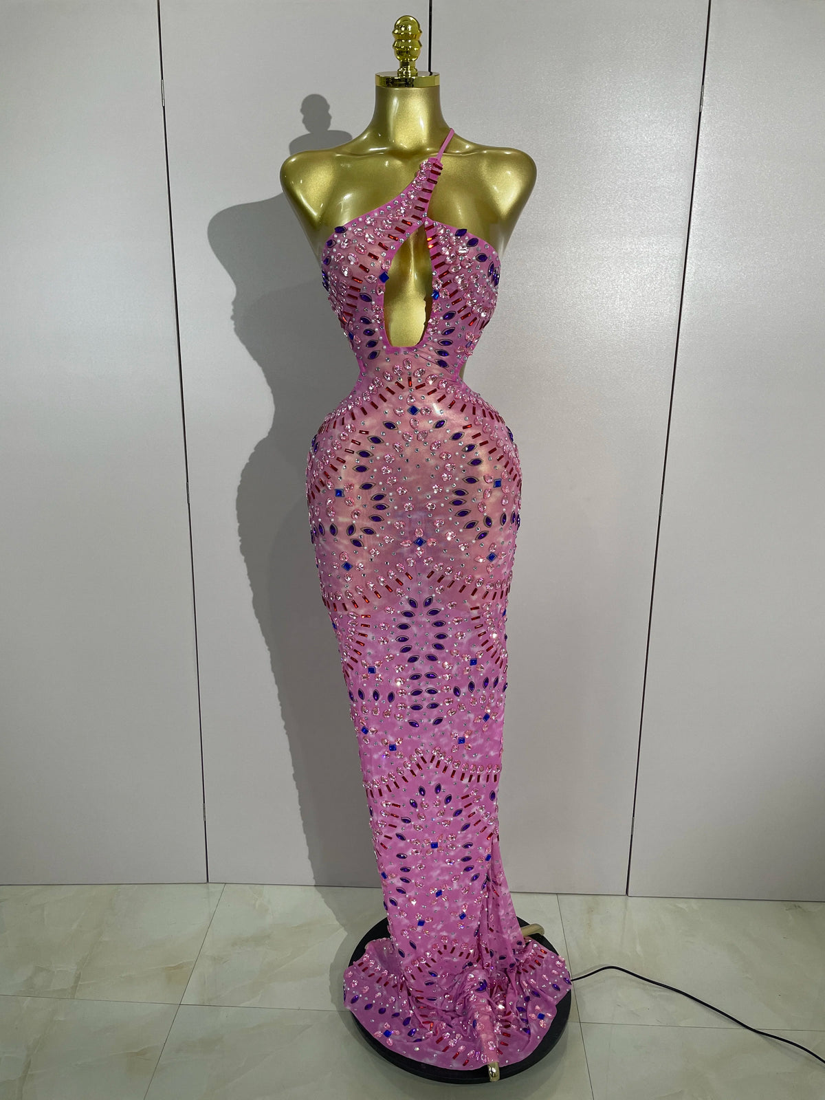 Luxury Sparkly Rhinestones Mesh Transparent Backless Long Dress Women Celebrate Evening Prom Birthday Dress Sexy Photoshoot Wear