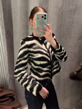 Women Round Neck Zebra Striped Zip‑Up Jacket Long Sleeve Zebra Print Cropped Faux Leather Loose Casual Streetwear Outerwear Coat