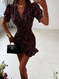 Elegant Flora Painted Ruffle Mini Dress Women Sexy Full Sleeve Deep V-neck Slim Short Robe 2026 Summer New Lady Party Club Wears