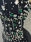 Sophisticated Black Bandage Midi Dress Women Spaghetti Strap Sweetheart Neck Rhinestone Emerald  Bodycon Evening Gown