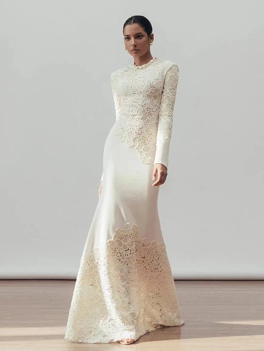 Solid Color Elegant Party Vestido Women'S Spliced Mesh Sequin Slim Long Sleeved Maxi Long Dress