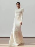Solid Color Elegant Party Vestido Women'S Spliced Mesh Sequin Slim Long Sleeved Maxi Long Dress