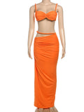 Bandage Ruched 2 Piece Set Women Square Collar Bra+Skinny Long Skirts 2025 Summer Vacation Beach Party Trend Suits