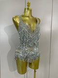Luxury Sparkly Rhinestone Sequins Tassel Mesh Bodysuits Women Celebrate Eveing Birthday Party Nightclub Bar Dencer Stage Costume