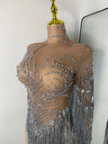 Women Sparkly Crystal Pearl Tassels Sexy Sheer See Through Bodycon Mini Silver Outfit Birthday Dress Dancer Performance Costume