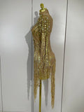 Sparkly Rhinestones Tassel Sexy See-Through Dress Women One Shoulder Latin Dance Outfits Bars Nightclub Party Stage Costume