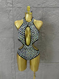 Gold Luxurious Black Bodysuit Women Sexy Halter Neck Iridescent Crystal Embellished Cutout Outfit Stage Performance Costume