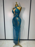 Women Luxury Blue Rhinestones Sequines Mesh Transparent Long Dress Club Evening Party Dress Birthday Photoshoot Clothing