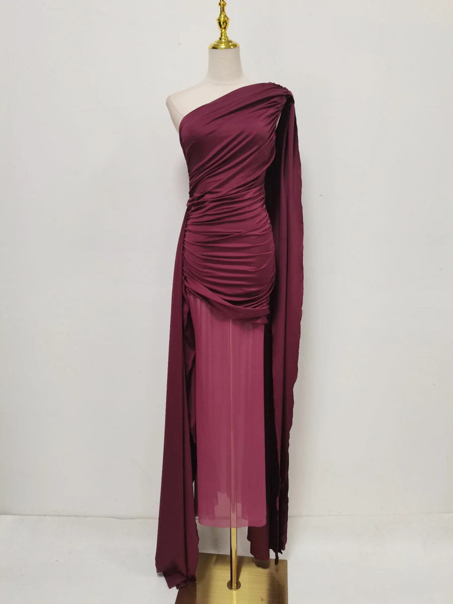 Luxurious Blue Diagonal Collar Sheer Mesh Maxi Dress for Women Off One Shoulder Cape Sleeves Ruched Waist for Dinner Party