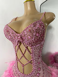 Luxury Women Sexy Shiny Crystal Feathers Hollow Out Bodysuit Nightclub Performance Dance Costume Nightclub Singer Stage Wear