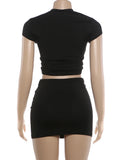 Weird Puss Faux Leather Patchwork 2 Piece Set Woman o-Neck Short Sleeve Crop Tops+Skinny Mini Skirts Sexy Fashion Style Suits