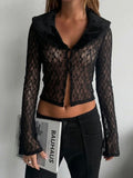 Patchwork Fur Collar Lace t-Shirt Women See Through Single-Breasted Full Sleeve v-Neck Skinny Sexy Midnight Crop Tops