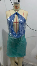 Sexy Sequin Shiny Mini Dress Women Luxury Blue Green Patchwork Halter Backless Short Dresses Evening Party Bright Dresses Beach