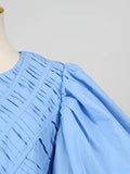 Solid Spliced Drawstring Folds Designer Maxi Dress for Women O Neck Puff Sleeve High Waist Elegant Party Dresses Female New