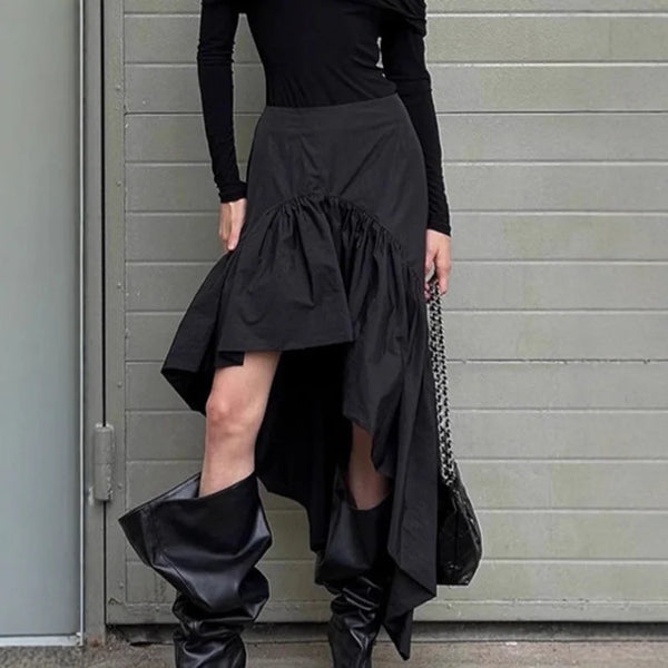 Commuting Black Ruffled Skirt For Women Asymmetric High Waist A-line Skirt Fashion Splice Female Casual Skirt Streetwear