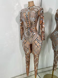 Women Sexy Spandex Tight Jumpsuit Long Sleeve Mirrors Cosplay Costume Nightclub Dancer Outfit Performance Stage Wear