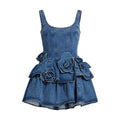 3D Flower Double-layer Denim Slip Short Dress Women Fashion Sleeveless High Waist Mini Dresses Chic Lady Party Robe