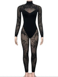 Sexy Hipster Jumpsuit Women Jacquard Coquette Patchwork Skinny Stretch Midnight Club Activity Button Workout Overalls