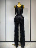 Women Sparkly Glod Rhinestones Sequined Fringe Jumpsuit Sexy Nightclub Party Birthday Outfit Show Singer Stage Perform Costume