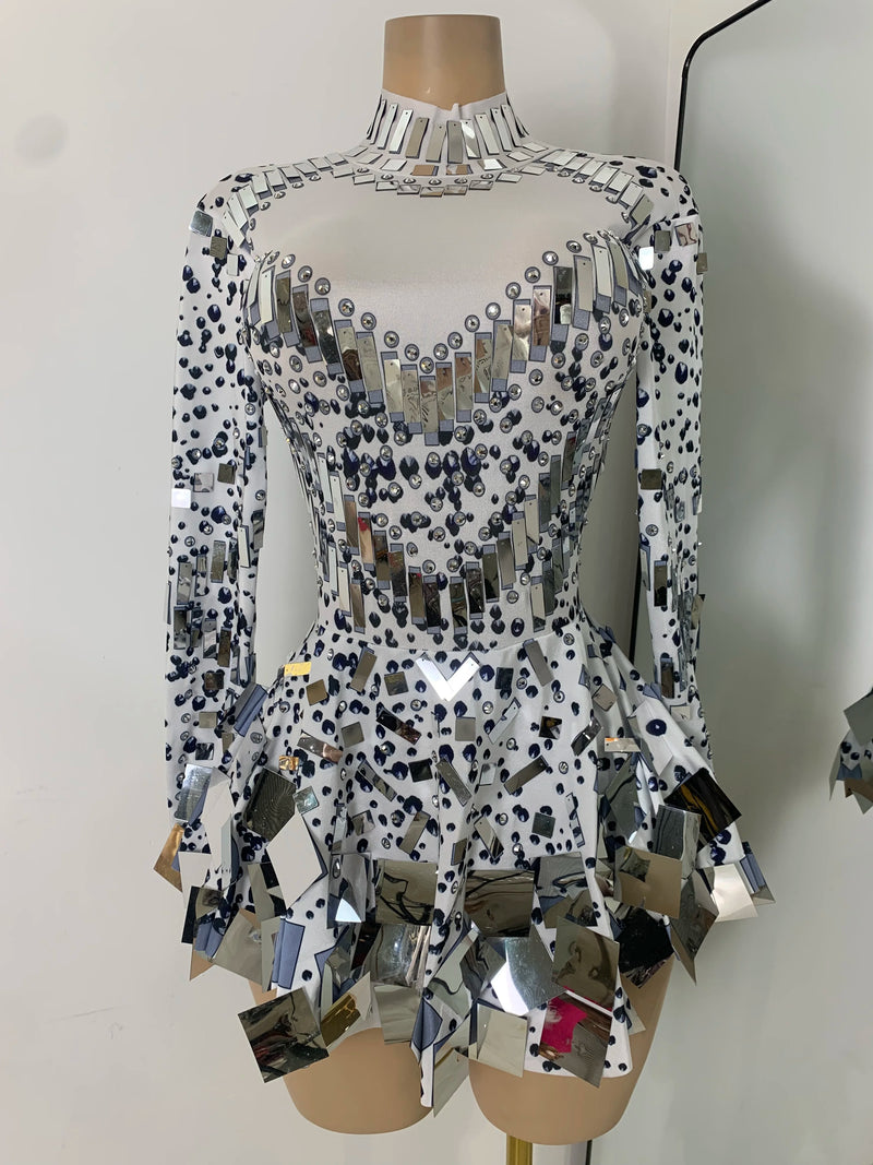 Flashing Rhinestones Mirrors Long Sleeve Dress Performance Singer Dancer Costume Bar Nightclub Party Stage Wear Birthday Vestido