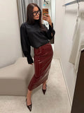 Women 2‑Piece Outfit Glossy Waxed Faux Leather Zip‑Up Jacket And High Waist Split Midi Skirt Set Fall Streetwear Matching Suit