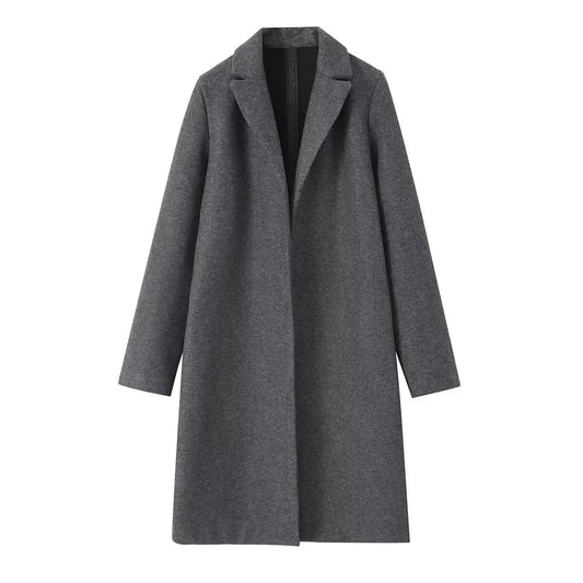Women Woolen coat Fashion Solid Open Stitch Long Trench Coats Vintage V-Neck Full Sleeves Female Chic Lady Outfits
