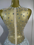 Women Sexy Mesh See Through Performance Leotard Dance Singer Show Stage Wear Luxury Sparkly Rhinestone Flower Tassels Bodysuit