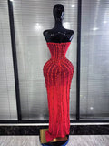 Sparkly Red Golden Big Crystal Women Strapless Mesh See Through Bodycon Long Maxi Dress Elegant Evening Party Cocktail Outfit