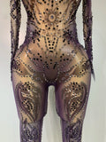 Sparkly Rhinestone Sexy Mesh Bodycon Jumpsuit Nightclub Bar Evening Party Gogo Dancer Clothing Drag Queen Outfit Stage Costume