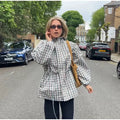 Gingham Plaid Hooded Windbreaker Jacket Drawstring Waist Loose  Outerwear 2026 Spring Autumn Lady Retro Outdoor Casual Jacket