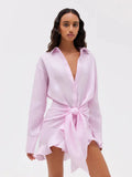 Lace Up Shirt Dress Women's Summer New Vacation Lazy Solid Lapel Bodycon Irregular Shirt Dress Female Travel Beach Dress