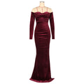 Padded Velvet High Slit Off Shoulder Evening Party Long Dress Women Long Sleeve Bodycon Vestidos Lady Ruched Clothing