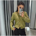 Women Crew Neck Knit Cardigan Single‑Breasted Metal Buttons Long Sleeve Cropped Sweater Coat Pockets Casual Knitwear Outerwear
