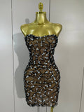Women Sparkly Rhinestones Sexy Strapless Mesh See Through Mini Dress Birthday Party Evening Cocktail Dress Nightclub Stage Wear