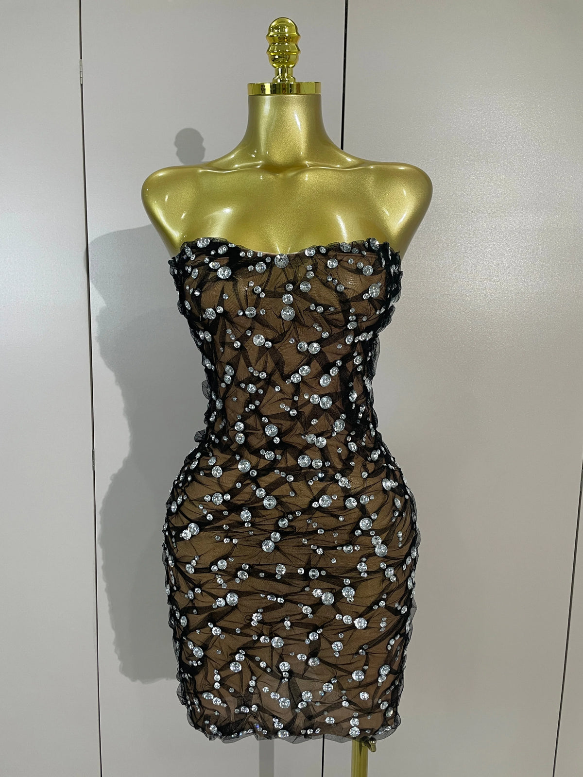 Women Sparkly Rhinestones Sexy Strapless Mesh See Through Mini Dress Birthday Party Evening Cocktail Dress Nightclub Stage Wear