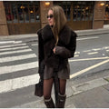 Vintage Lapel Suede Lace Up Jackets Women Solid Fur Collar Pad Shoulder Short Coats 2025 Female Autumn Chic Casual Streetwear