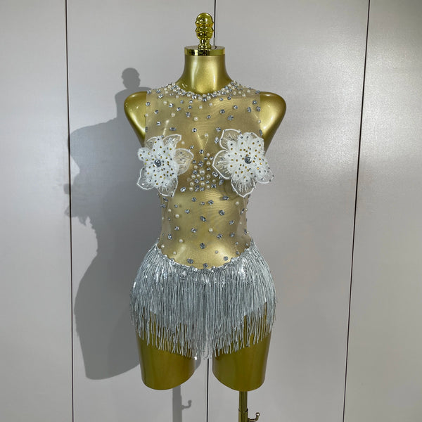 Women Sexy Mesh See Through Performance Leotard Dance Singer Show Stage Wear Luxury Sparkly Rhinestone Flower Tassels Bodysuit