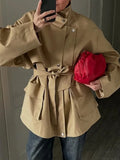 Autumn Fashionable Coat for Women Stand Collar Long Sleeve Patchwork Lace Up Slimming Office Basics Jacket Female