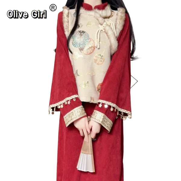 Olive Girl Red Embroidered Qipao for Ren Faire 2026 Garden Wedding Fairycore Photoshoot Everyday Wear S-XXL XS-3XL Plus Size Embroidered Romantic Garden Party Editorial Not Costume Qipao Cheongsam Chinese Dress Chinese Heritage Fashion Women