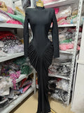 Fashionable And Sexy Round-Neck Long-Sleeved Pleated Long Dress, Waist-Cinching And Slimming, For Dinner Parties