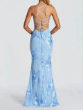 Hot Girl Blue Maxi Dresses for Women Square Collar Sleeveless Patchwork Embroidery Party Fishtail Dress Female New