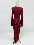 Elegant Style Pencil Dresses for Women O Neck Shoulder Pud Long Sleeve High Waist Pleated Slim Maxi Dress Female