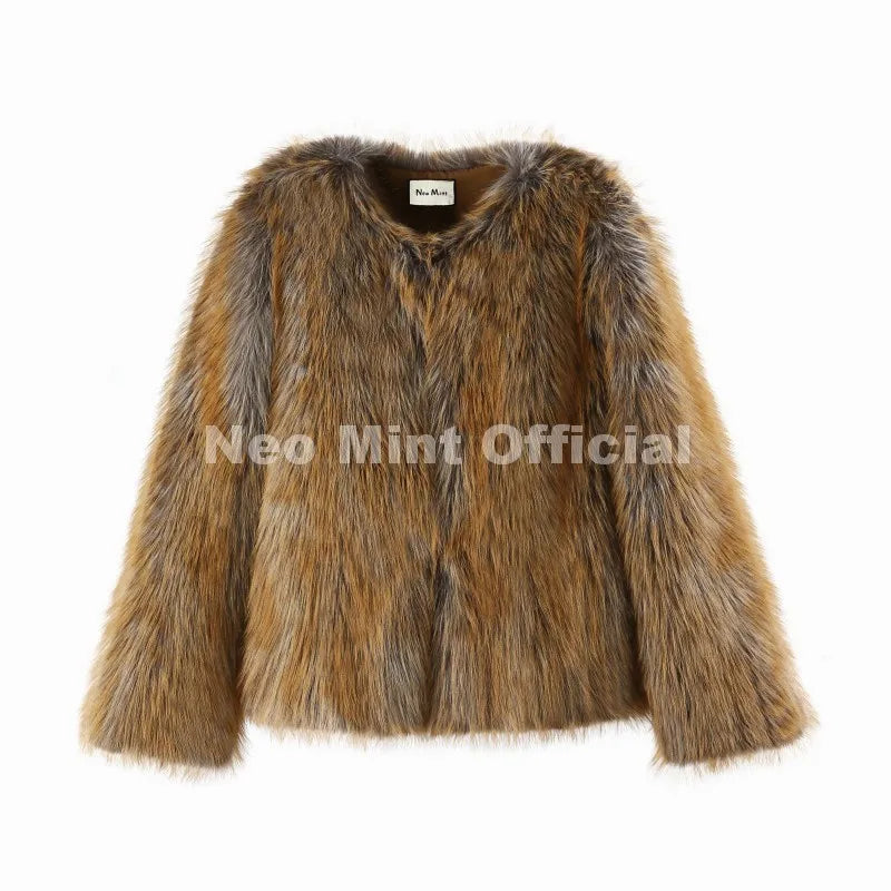 Luxury Brand Gradient Faux Fur Coat Women Winter High Street Fashion Girls Fluffy Fox Fur Jacket Chic Massive Outerwear